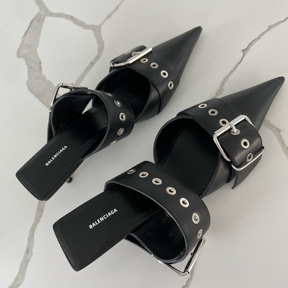 NEW Balenciaga Silver Metal Buckle Black Leather Knife Point Toe Mule 565428